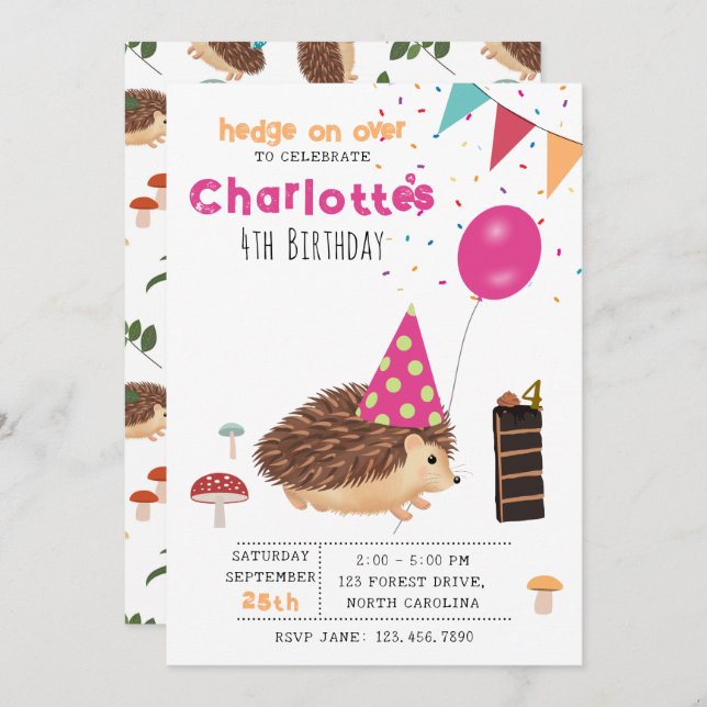 Invitación Hedgehog Mushroom Woodland Forest Balloon Birthday (Anverso / Reverso)