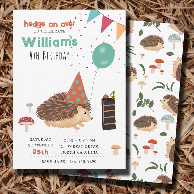 Invitación Hedgehog Mushroom Woodland Forest Balloon Birthday (Hedgehog Mushroom Woodland Forest Balloon Birthday Invitation)