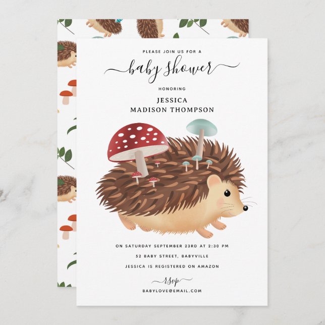 Invitación Hedgehog Mushroom Woodland Funny Baby Shower (Anverso / Reverso)