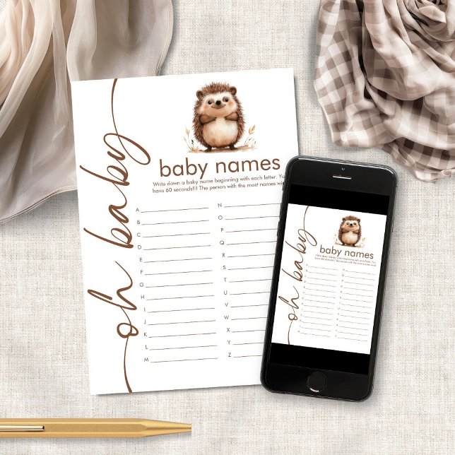 Invitación Hedgehog Oh Baby Names Shower Game Card (Subido por el creador)