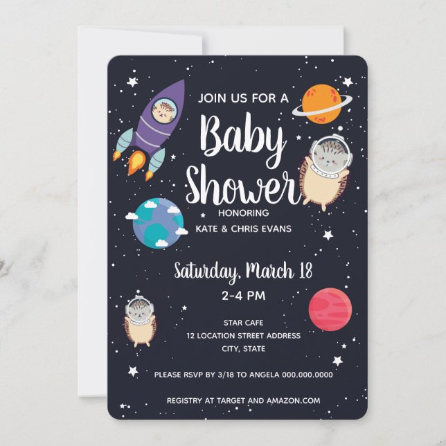 Invitación Hedgehog Space Navy Galaxy Baby Shower (Anverso)