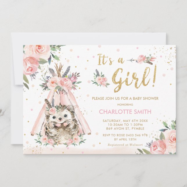 Invitación Hedgehog Tribal Rubor Chica Floral Baby Shower (Anverso)