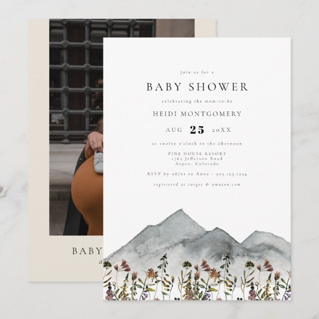 Invitación HEIDI Boho Watercolor Mountain Wildflower Baby (Anverso / Reverso)