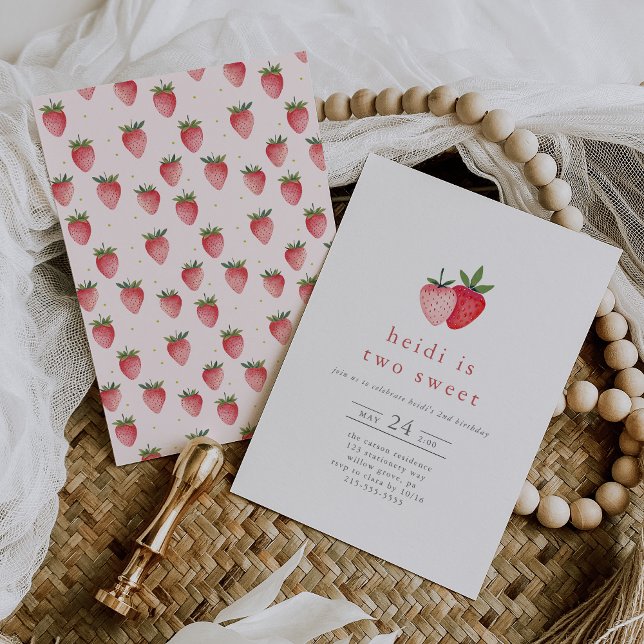 Invitación HEIDI Cute Fresas Niños Dos Dulces Segundo Cumplea (HEIDI Cute Strawberry Kids Two Sweet 2nd Birthday Invitation)