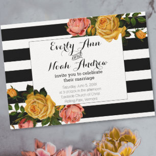 Invitación Heirloom de banda negra Boda rosa amarillo rosa