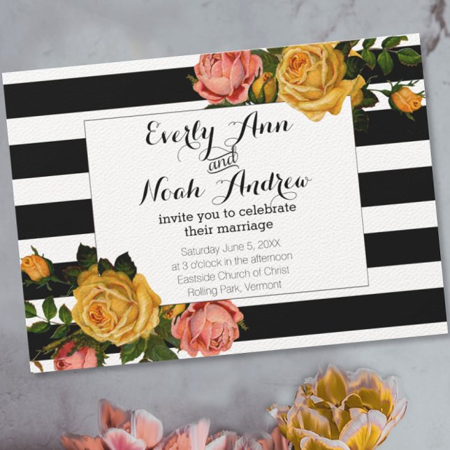 Invitación Heirloom de banda negra Boda rosa amarillo rosa (Subido por el creador)