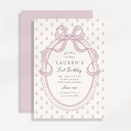 Invitación Heirloom Pink Bow Floral Pattern First Birthday In
