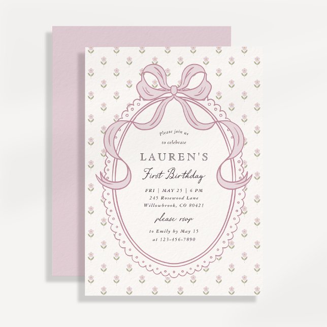 Invitación Heirloom Pink Bow Floral Pattern First Birthday In (Subido por el creador)