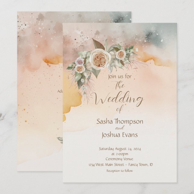 Invitación Heirloom Vintage Rosa marfil Boda acuarela (Anverso / Reverso)