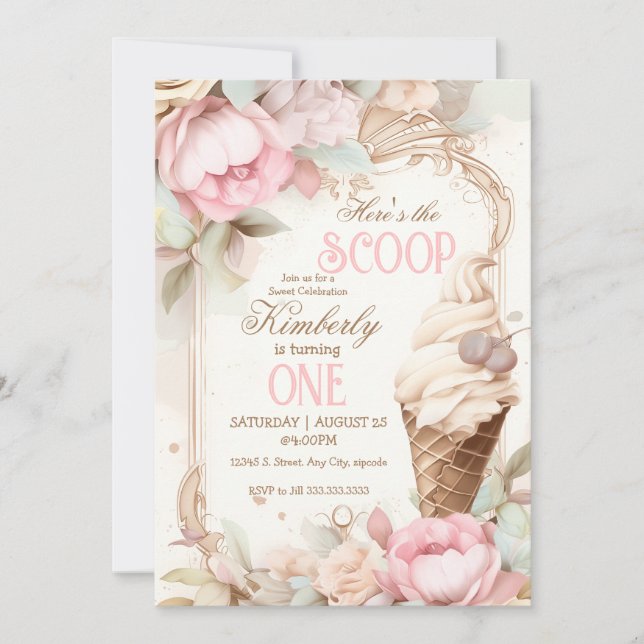 Invitación Helado antiguo, cono de helado floral (Anverso)