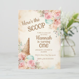 Invitación Helado antiguo, flores y cono de helado