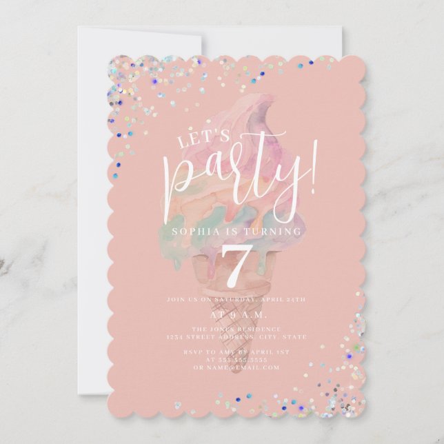 Invitación Helado Arcoíris Fiesta de Cumpleaños (Anverso)