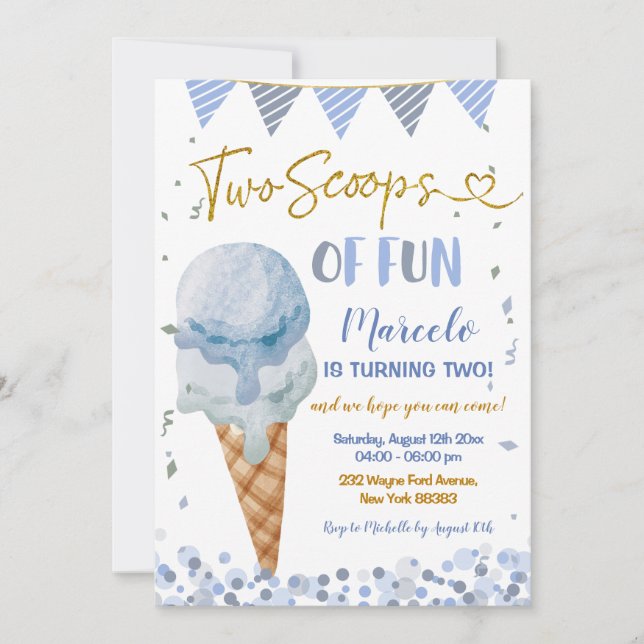 Invitación Helado Azul Dos Costas De Divertido Segundo Cumple (Anverso)