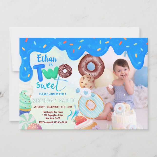 Invitación helado azul dos dulces de cumpleaños donut (Anverso)