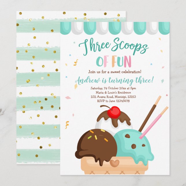 Invitación Helado azul y de menta tres copas de diversión (Anverso / Reverso)