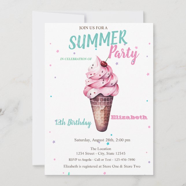 Invitación Helado Cereza Cumpleaños de Verano  (Anverso)