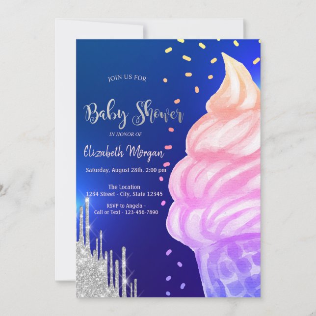 Invitación Helado Cone Confetti Royal Blue Baby Shower (Anverso)