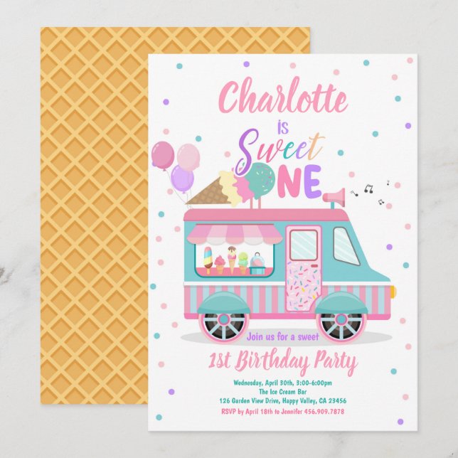 Invitación Helado Cream Truck Sweet One First Birthday Fiesta (Anverso / Reverso)