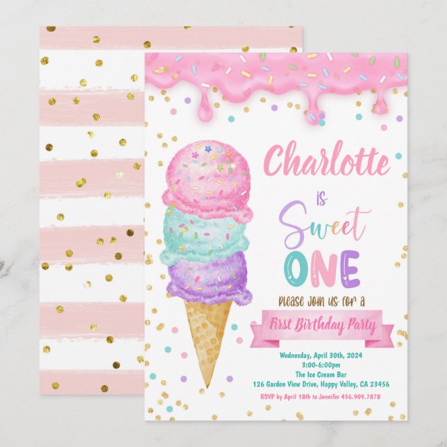 Invitación Helado Crema Dulce Un Primer Cumpleaños Fiesta Pin (Anverso / Reverso)