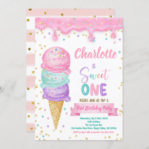 Invitación Helado Crema Dulce Un Primer Cumpleaños Fiesta Pin
