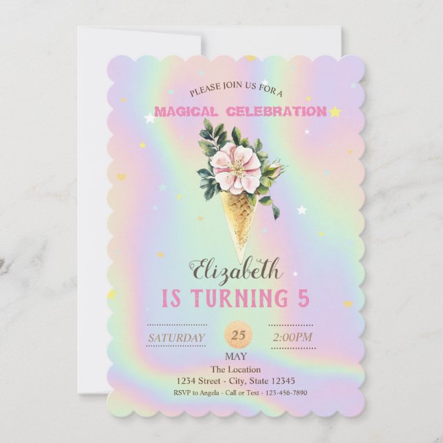 Invitación Helado Crema Flor Holográfica Cumpleaños (Anverso)