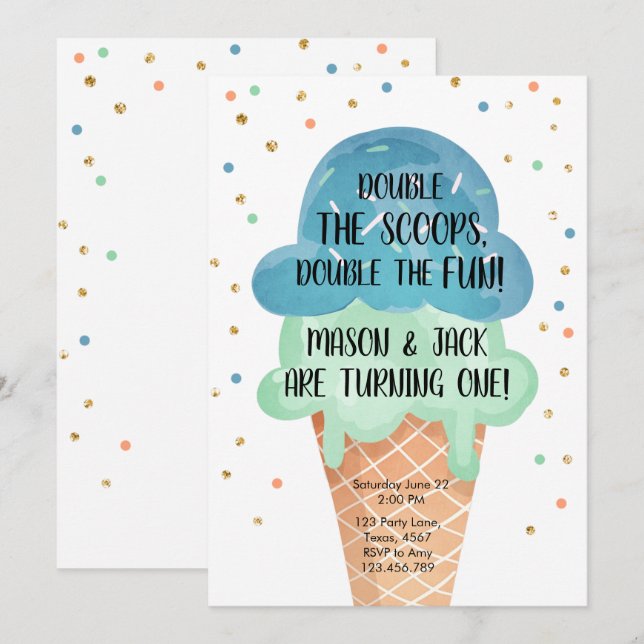 Invitación Helado Crema Twin Birthday Blue Mint Cone Confetti (Anverso / Reverso)