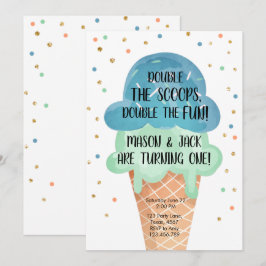Invitación Helado Crema Twin Birthday Blue Mint Cone Confetti