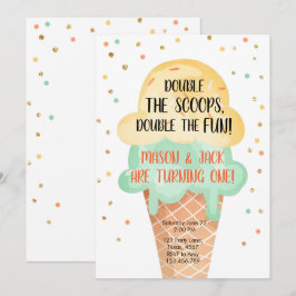 Invitación Helado Crema Twin Cumpleaños Mint Amarilla Cone Co