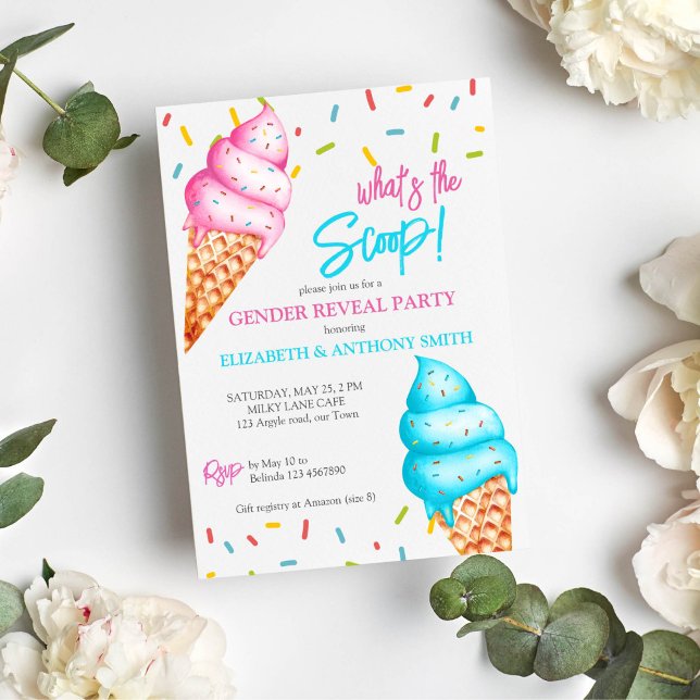 Invitación Helado cuál es el género de la fiesta de revelació (what's the scoop ice cream gender reveal invitation template instant download ice cream sprinkles)