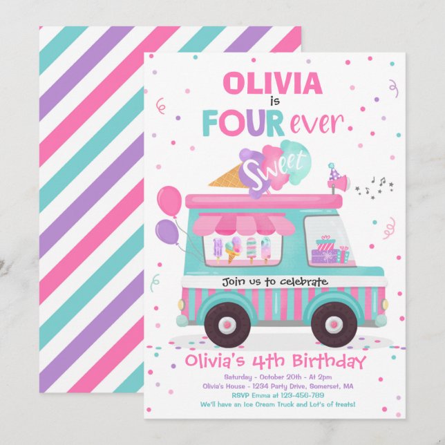 Invitación Helado Cuatro Camiones De Crema De Hielo De Cumple (Anverso / Reverso)