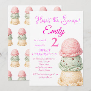 Invitación Helado Cumpleaños 2 años niña Rosa Acuarela