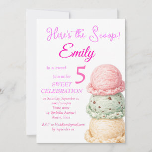 Invitación Helado Cumpleaños 5 años niña Rosa Acuarela 