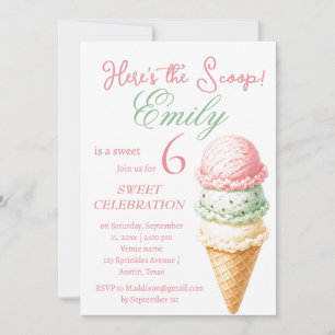 Invitación Helado Cumpleaños 6 Girl Rosa Acuarela