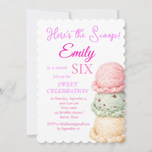Invitación Helado Cumpleaños 6 Girl Rosa Acuarela