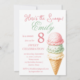 Invitación Helado Cumpleaños 8 niña Rosa Acuarela