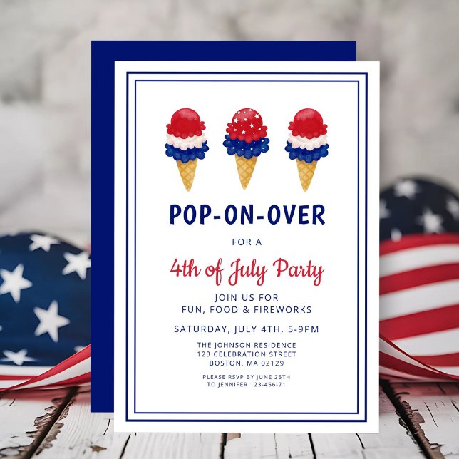 Invitación Helado Cute Cream rojo, blanco y azul 4 de julio (Cute Ice Cream Red, White And Blue 4th of July Invitation)