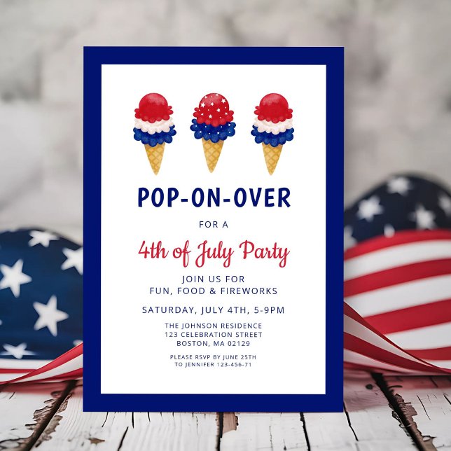 Invitación Helado Cute Cream rojo, blanco y azul 4 de julio (Cute Ice Cream Red, White And Blue 4th of July Invitation)