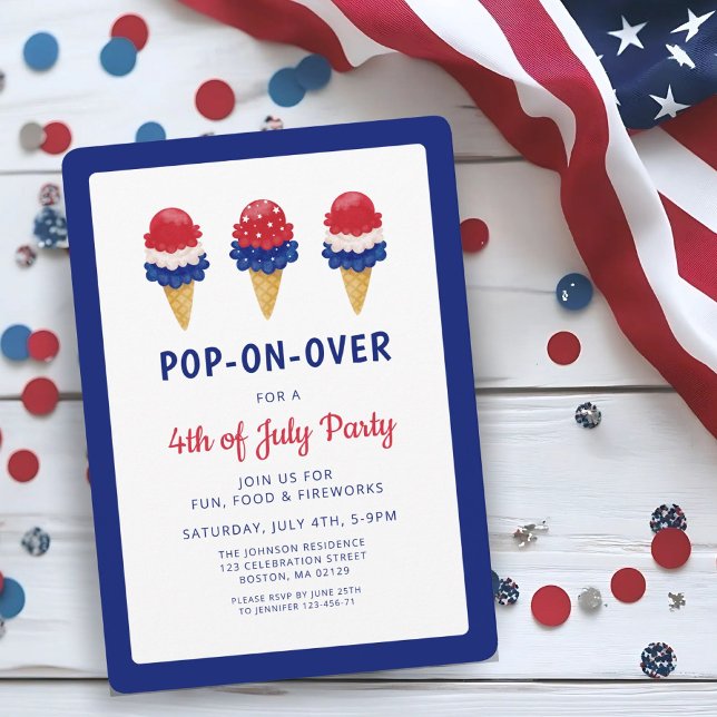 Invitación Helado Cute Cream rojo, blanco y azul 4 de julio (Cute Ice Cream Red, White And Blue 4th of July Invitation)
