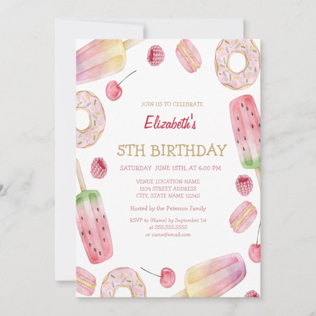 Invitación Helado de acuarela, Donuts Dulces Cumpleaños  (Anverso)