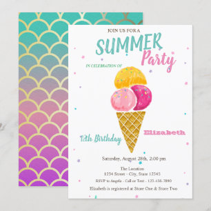 Invitación Helado de acuarela Escamas de sirena Fiesta de cum