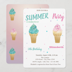 Invitación Helado de Acuarela Estrellas Cumpleaños