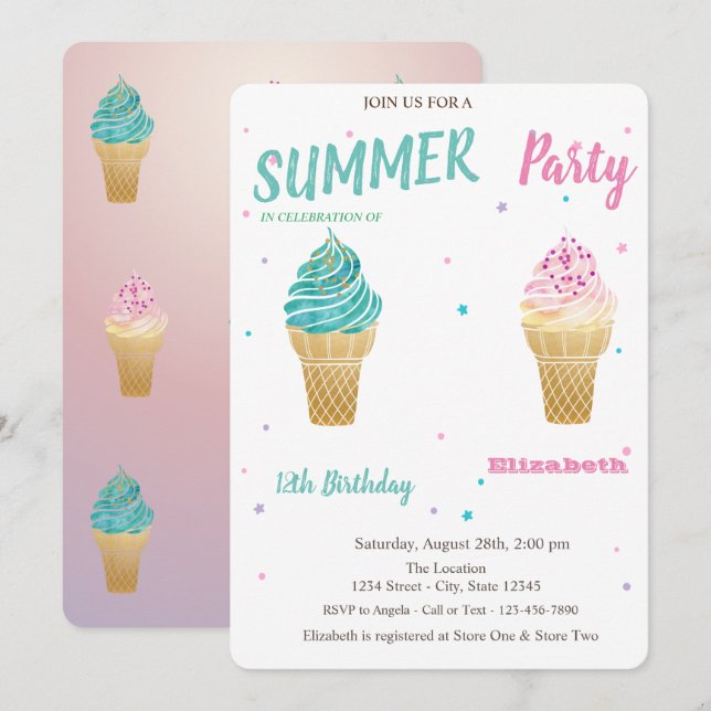 Invitación Helado de Acuarela Estrellas Cumpleaños (Anverso / Reverso)