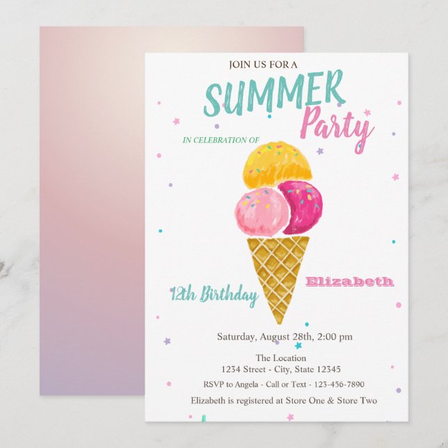 Invitación Helado de acuarela Estrellas Cumpleaños de verano  (Anverso / Reverso)