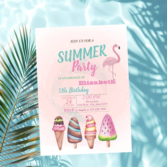 Invitación Helado de acuarela,Fiesta de cumpleaños de flamenc (Subido por el creador)