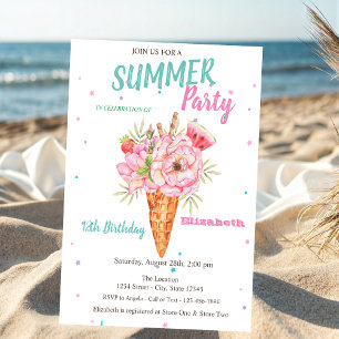 Invitación Helado de acuarela floral fiesta de cumpleaños de 
