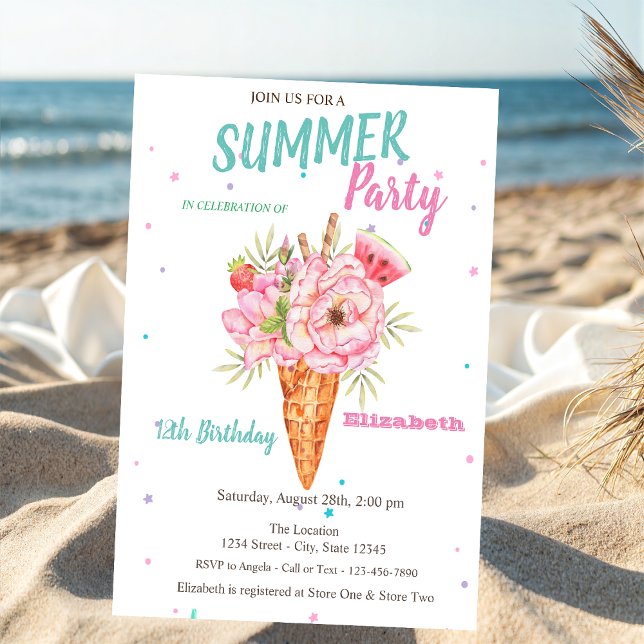 Invitación Helado de acuarela floral fiesta de cumpleaños de  (Subido por el creador)