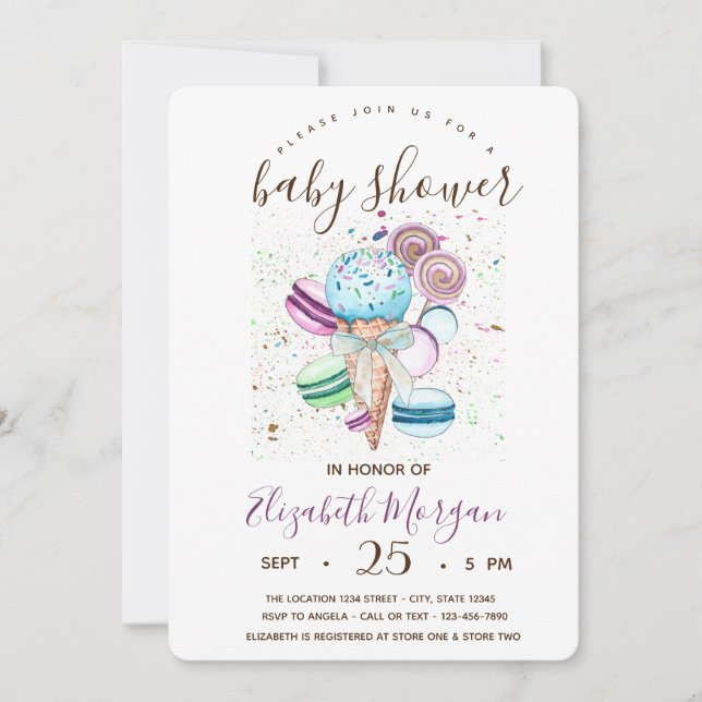 Invitación Helado de acuarela, Macarons, Baby Shower de rayas (Anverso)