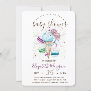 Invitación Helado de acuarela, Macarons, Baby Shower de rayas