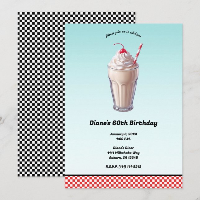 Invitación Helado de Batido de Leche Diner Retro Fiesta de Cu (Anverso / Reverso)