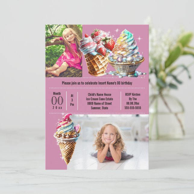 Invitación Helado de caramelo verano DIY foto niños púrpura (Anverso de pie)